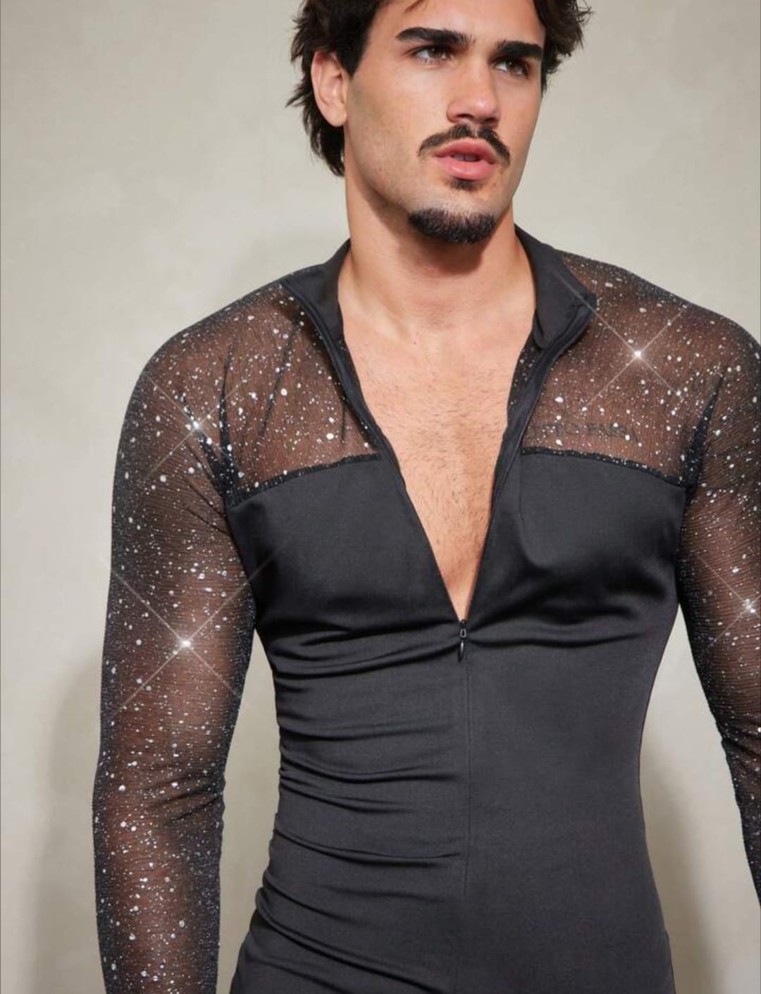 Men's Glitter Mesh Panel Bodycon Romper Jumpsuit for Party & Stage Wear